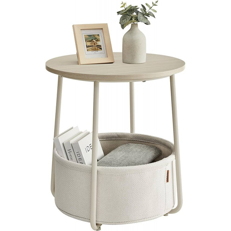 Runt Sidobord/Sängbord 50 cm Med Tygkorg, Krämvit