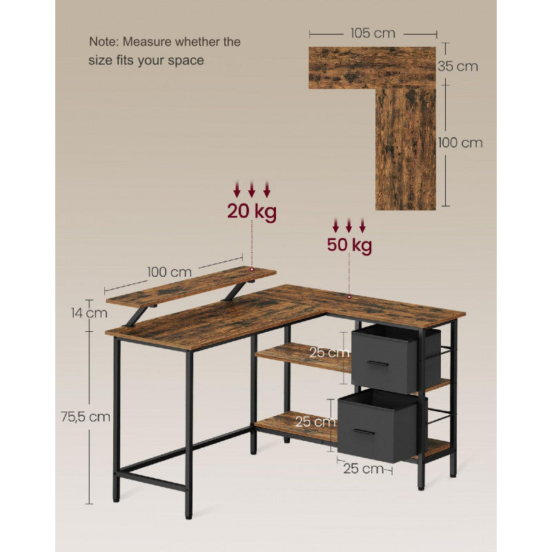 L-Format Skrivbord Rustikbrun Med Lådor 105x135 cm