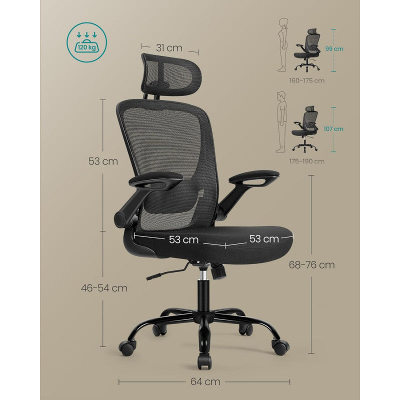 Ergonomisk Kontorsstol Svart Tyg – Fällbara Armstöd