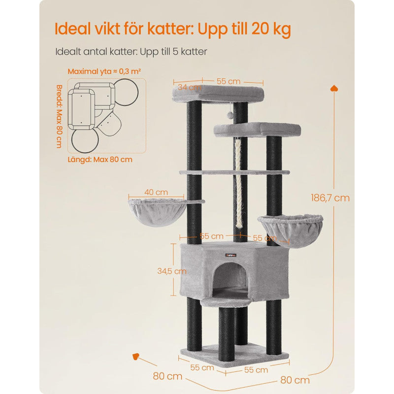 XXL Klösträd 186,7 cm Flernivå Duvgrå/Svart