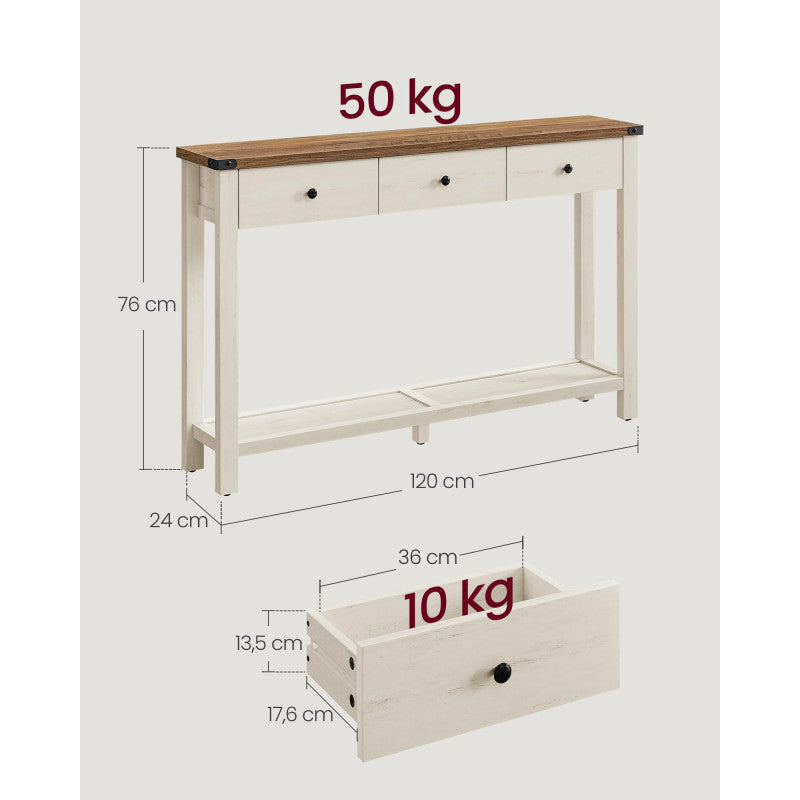 Konsolbord Med 3 Lådor & Hylla 120 cm Honungsbrun/Vintagevit