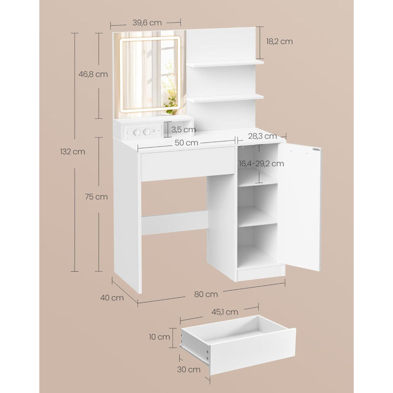 Vitt Sminkbord 40 x 80 x 132 cm Med LED-Spegel