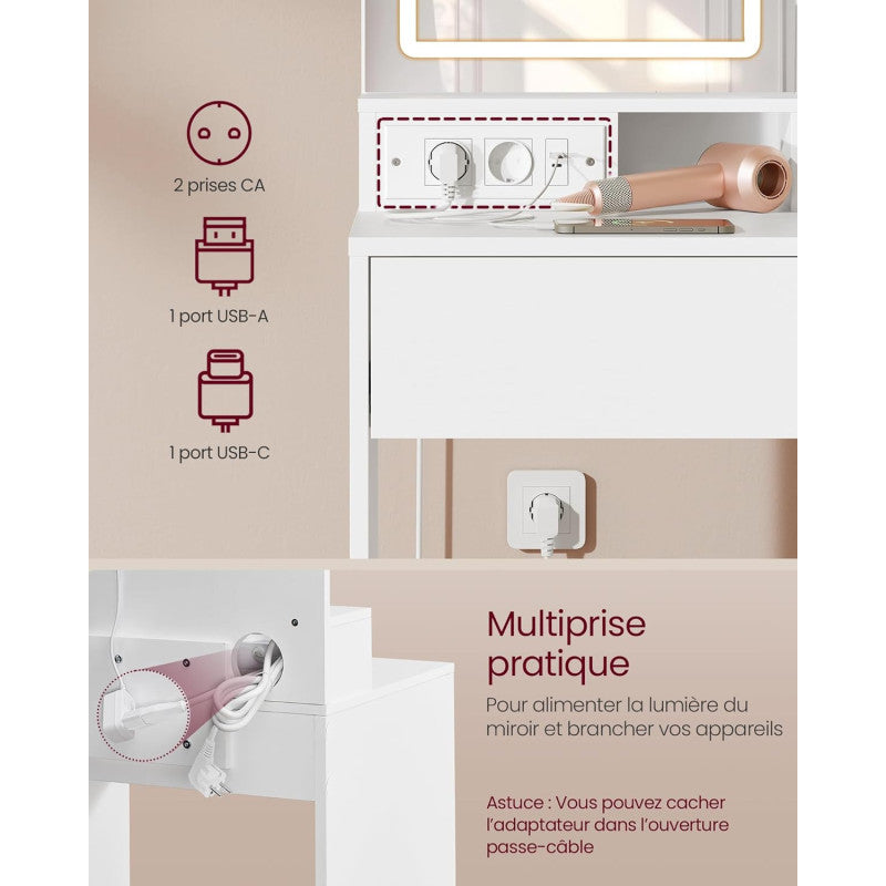 Vitt Sminkbord 40 x 80 x 132 cm Med LED-Spegel