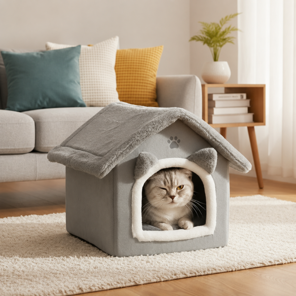 Kattsäng Husformad – Mjuk Kattbädd med Avtagbar Kudde & Halkfri Botten