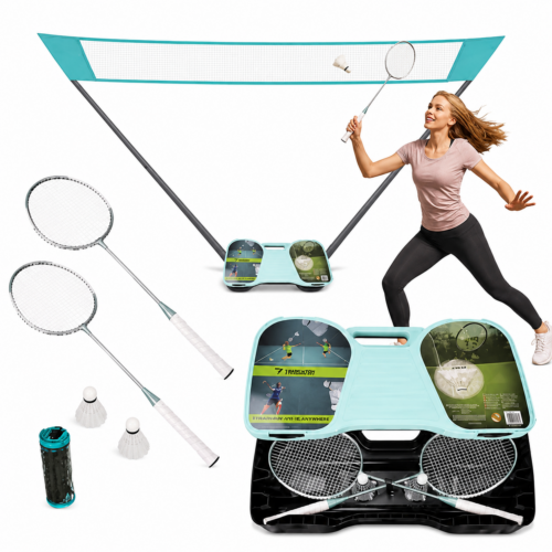 Badmintonset med Nät – 2 Racketar, 2 Fjäderbollar & Förvaringsväska