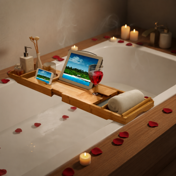 Bathroom Badkarsbricka i Bambu – Utdragbar Badkarsbricka med Bokställ