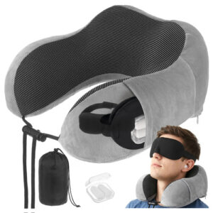 3D Resekudde i Memoryskum – Resekit 4-i-1 med Sovmask, Öronproppar & Fodral