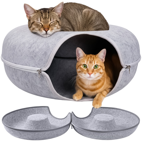 Kattbädd Tunnel – Mjuk Plyschbädd i Donutdesign, Grå