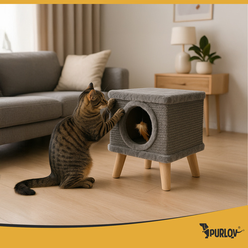 Kattkoja med Klösbräda – Kattbädd i Plysch med Sisal & Leksak