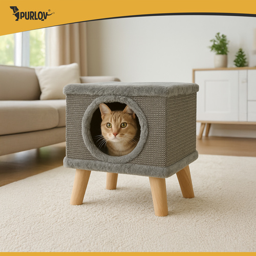 Kattkoja med Klösbräda – Kattbädd i Plysch med Sisal & Leksak