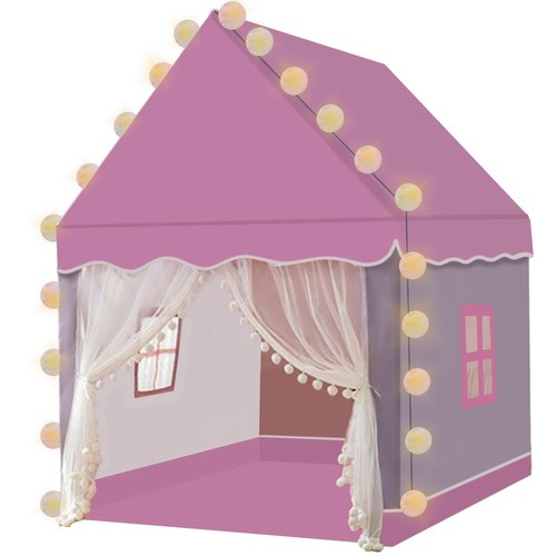Barntält Hus – Lektält med Ljusslinga & Golvmatta, Rosa