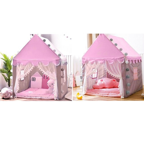 Barntält Hus – Lektält med Ljusslinga & Golvmatta, Rosa