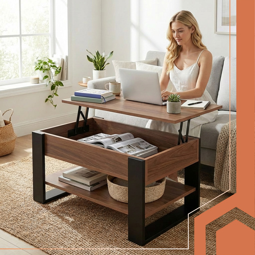 Soffbord 92 x 51 cm – Lyftbart Vardagsrumsbord med Förvaring & Hylla