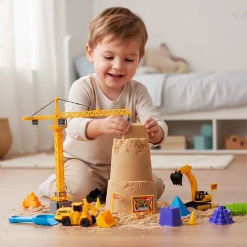 Kinetisk Sand 1,5 kg – Byggset med Sandlåda, Kran & Byggfordon