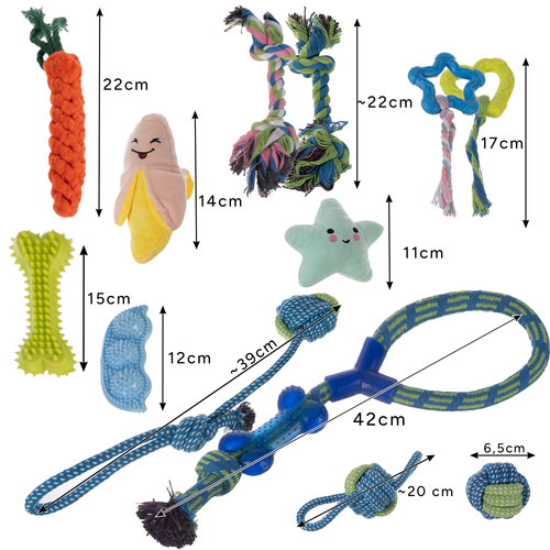 Hundleksaksset 15 Delar – Drag- & Tuggleksaker med Rep, Gummi & Bajspåsar