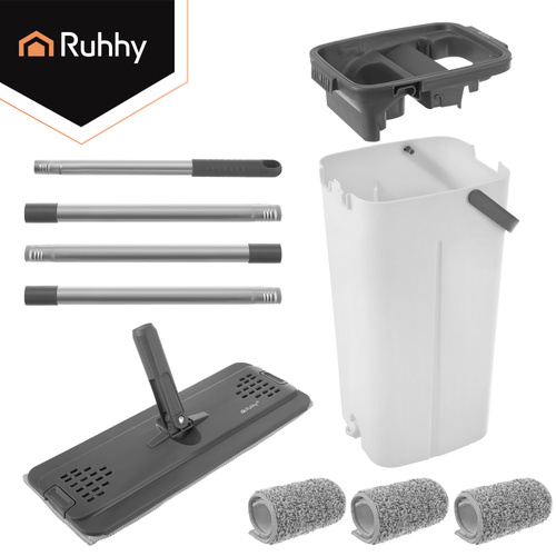 Platt Mopp med Dubbelkammarhink 8,5 L – Handsfree Urvridning & 3 Moppskydd