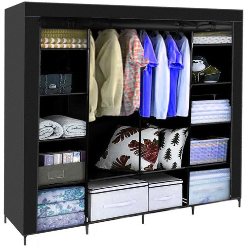 Hopfällbar Tyggarderob XXL 170 x 170 cm – Klädskåp med 14 Hyllor & 2 Klädstänger