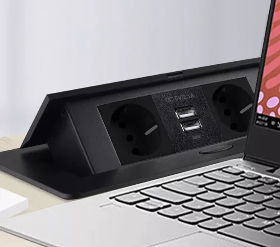 Infällt USB-Uttag för Bänkskiva – Utdragbar Uttagspanel med 2 Eluttag & 2 USB