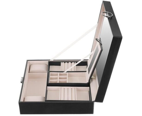 Smyckeskrin Svart – Låsbart Smyckesetui med Spegel & Uttagbar Reseask