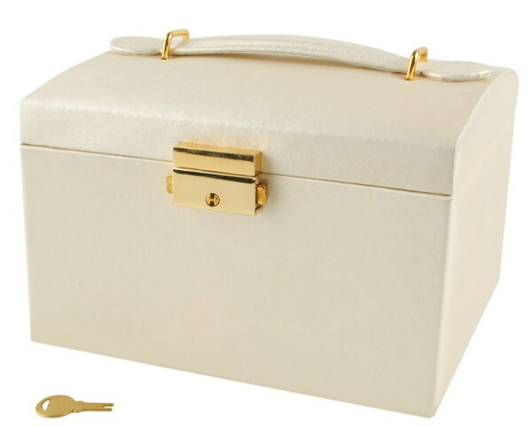 Smyckeskrin Beige – Låsbart Smyckesetui med Spegel & 20 Förvaringsfack