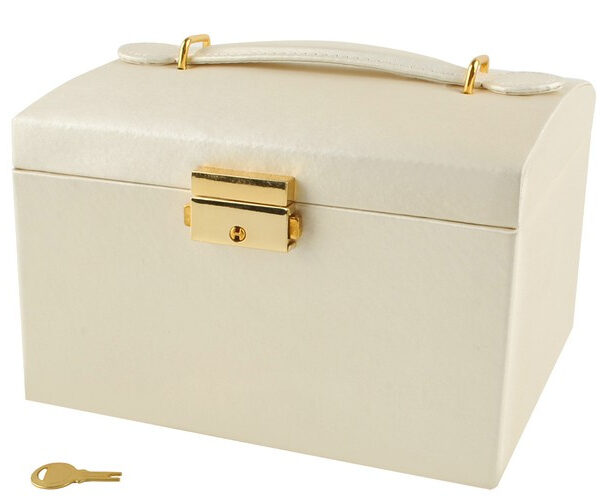 Smyckeskrin Beige – Låsbart Smyckesetui med Spegel & 20 Förvaringsfack