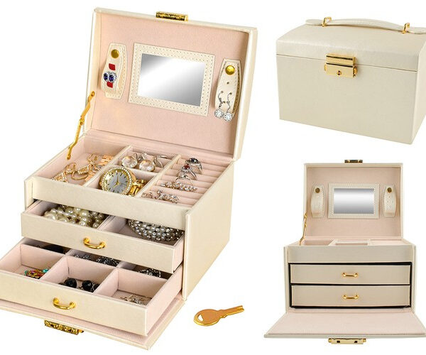 Smyckeskrin Beige – Låsbart Smyckesetui med Spegel & 20 Förvaringsfack