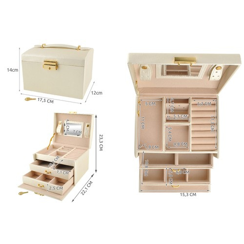 Smyckeskrin Beige – Låsbart Smyckesetui med Spegel & 20 Förvaringsfack
