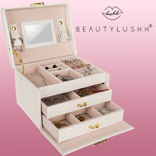 Smyckeskrin Beige – Låsbart Smyckesetui med Spegel & 20 Förvaringsfack