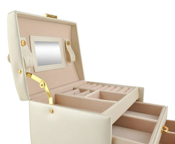 Smyckeskrin Beige – Låsbart Smyckesetui med Spegel & 20 Förvaringsfack