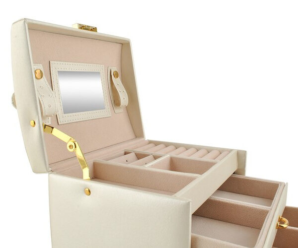 Smyckeskrin Beige – Låsbart Smyckesetui med Spegel & 20 Förvaringsfack