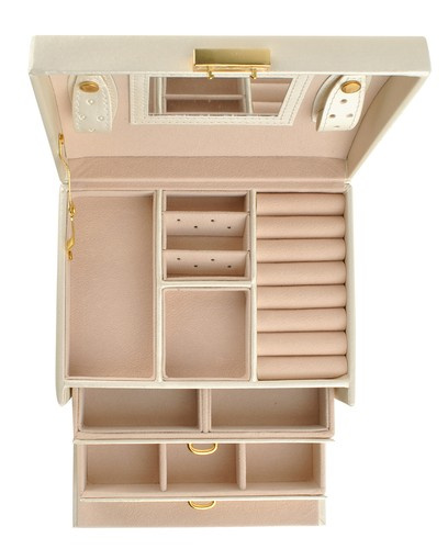 Smyckeskrin Beige – Låsbart Smyckesetui med Spegel & 20 Förvaringsfack
