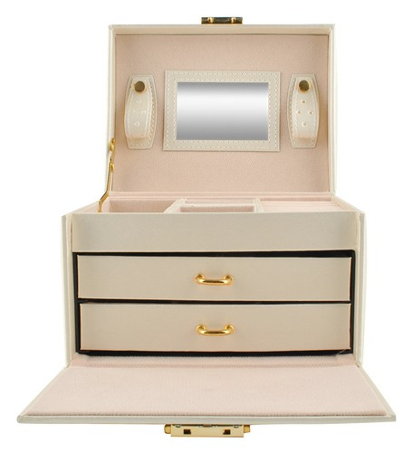 Smyckeskrin Beige – Låsbart Smyckesetui med Spegel & 20 Förvaringsfack