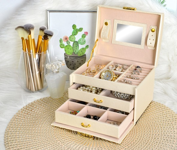 Smyckeskrin Beige – Låsbart Smyckesetui med Spegel & 20 Förvaringsfack
