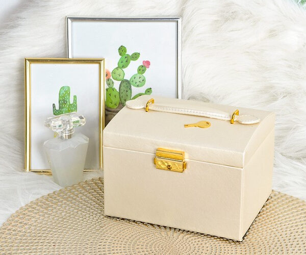 Smyckeskrin Beige – Låsbart Smyckesetui med Spegel & 20 Förvaringsfack
