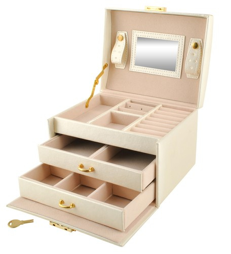 Smyckeskrin Beige – Låsbart Smyckesetui med Spegel & 20 Förvaringsfack