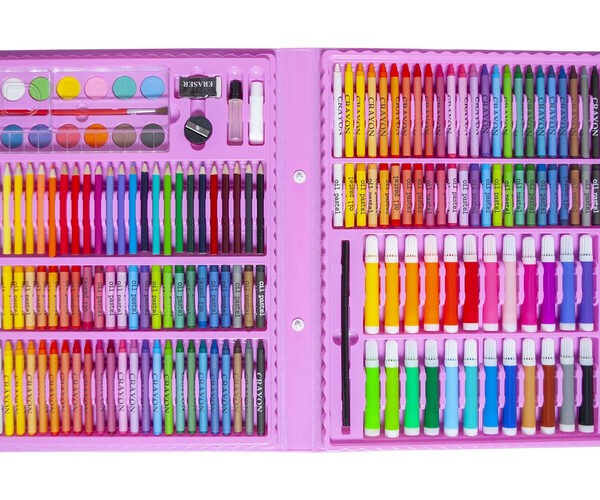 Målarset 168 Delar – Ritset i Rosa Väska med Färgpennor, Kritor & Akvarellfärger