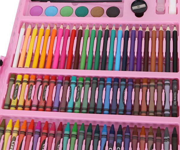 Målarset 168 Delar – Ritset i Rosa Väska med Färgpennor, Kritor & Akvarellfärger