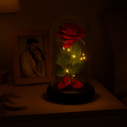 Ros i Glaskupa med LED – Dekorativ Ros med Varmvit Belysning & Presentask