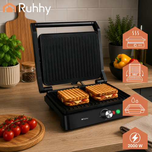 Elektrisk Kontaktgrill 2000 W – Bordsgrill med Temperaturkontroll & Non-Stick Grillplattor