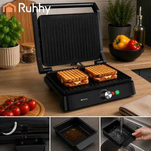 Elektrisk Kontaktgrill 2000 W – Bordsgrill med Temperaturkontroll & Non-Stick Grillplattor
