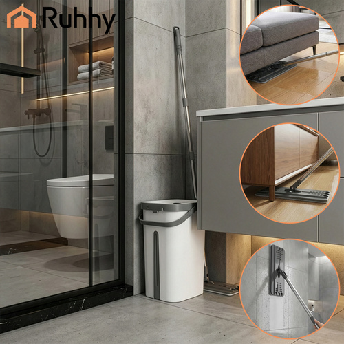Spraymopp med Dubbelkammarhink 11 L – Platt Mopp med Handsfree Urvridning & 3 Moppskydd