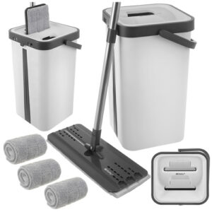 Spraymopp med Dubbelkammarhink 11 L – Platt Mopp med Handsfree Urvridning & 3 Moppskydd