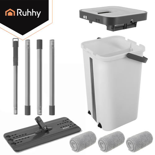 Spraymopp med Dubbelkammarhink 11 L – Platt Mopp med Handsfree Urvridning & 3 Moppskydd