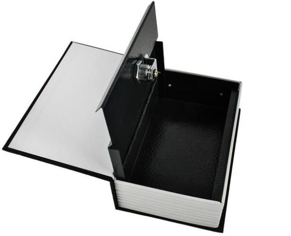Bokformad Kassaskrin metall med pengaboksnycklar 18 x 11,5 cm