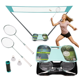 Badmintonset med Nät – 2 Racketar, 2 Fjäderbollar & Förvaringsväska