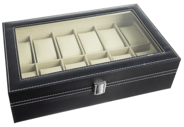 Klockorganisatör 12 Fack – Klockbox med Glaslock & Avtagbara Kuddar