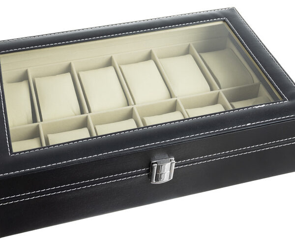 Klockorganisatör 12 Fack – Klockbox med Glaslock & Avtagbara Kuddar