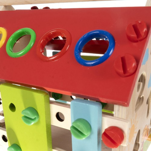 Pedagogiskt Aktivitetshus i Trä – Multifunktionell Leksak med Sortering & Verktyg